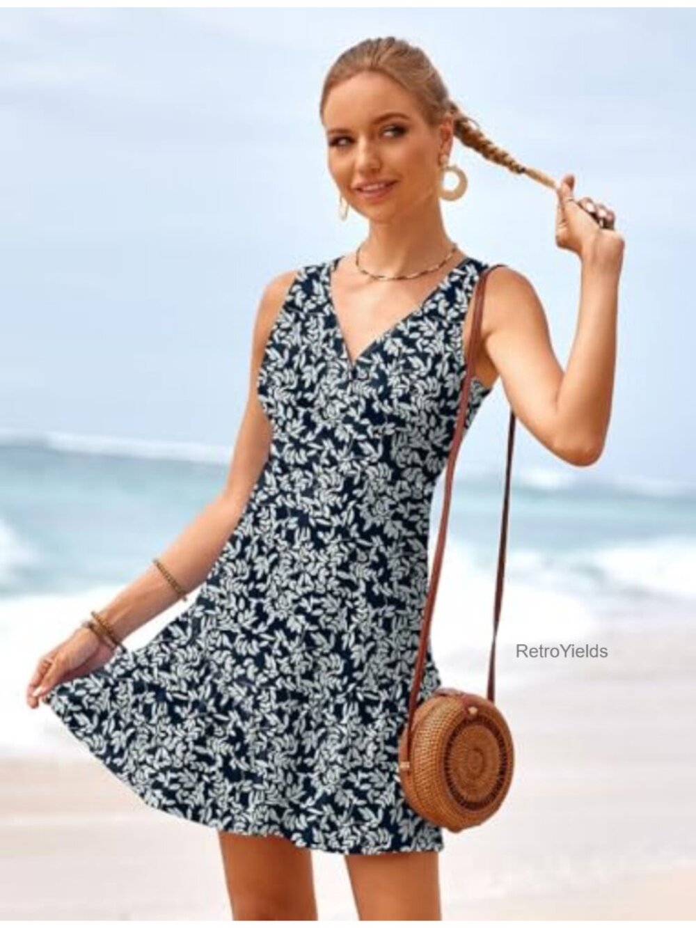 Women's Sleeveless Floral Wrap V Neck Mini Sundress Casual A-Line - Picture 4 of 6
